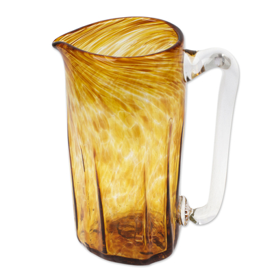 Blown recycled glass pitcher, 'Garden Relaxation in Amber' - Hand Blown Eco-Friendly Recycled Glass Pitcher in Amber