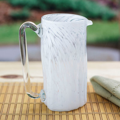 Blown recycled glass pitcher, 'Garden Relaxation in White' - Hand Blown Eco-Friendly Recycled Glass Pitcher in White
