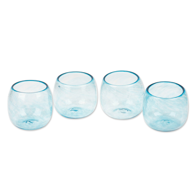 Copas de vino sin tallo recicladas (juego de 4) - 4 copas de vino sin tallo de vidrio reciclado soplado a mano en azul