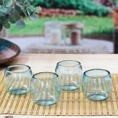 Recycled stemless wine glasses, 'Social Bliss in Blue' (set of 4) - 4 Hand Blown Recycled Glass Stemless Wine Glasses in Blue