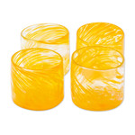 Blown recycled glass juice glasses, 'Marigold Relaxation' (set of 4) - 4 Hand Blown Orange Recycled Glass Juice Glasses from Mexico