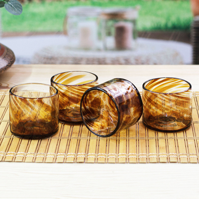 Blown recycled glass juice glasses, 'Amber Relaxation' (set of 4) - 4 Hand Blown Brown Recycled Glass Juice Glasses from Mexico