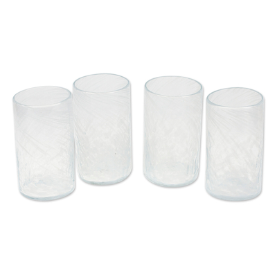Blown recycled glass tumblers, 'Garden Relaxation in White' (set of 4) - 4 Hand Blown Eco-Friendly Recycled Glass Tumblers in White
