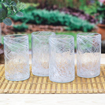 Blown recycled glass tumblers, 'Garden Relaxation in White' (set of 4) - 4 Hand Blown Eco-Friendly Recycled Glass Tumblers in White