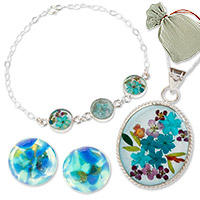 Set de regalo seleccionado - Set de regalo curado de resina floral en tonos azules y vidrio esculpido
