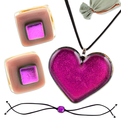 Curated gift set, 'Fuchsia Romance' - 18k Gold-Accented Glass jewellery Curated Gift Set in Fuchsia