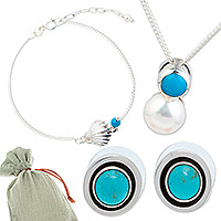 Curated gift set, 'Minimalist Lagoons' - Seashell-Themed Pearl and Turquoise jewellery Curated Gift Set