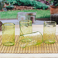 Blown recycled glass tumblers, 'Garden Relaxation in Lemon' (set of 4) - 4 Hand Blown Eco-Friendly Recycled Glass Tumblers in Green