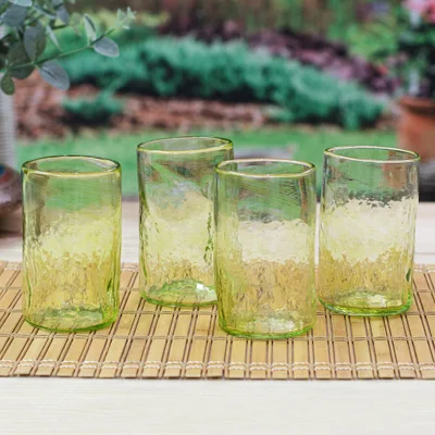 Blown recycled glass tumblers, 'Garden Relaxation in Lemon' (set of 4) - 4 Hand Blown Eco-Friendly Recycled Glass Tumblers in Green