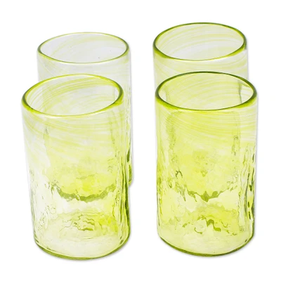 Blown recycled glass tumblers, 'Garden Relaxation in Lemon' (set of 4) - 4 Hand Blown Eco-Friendly Recycled Glass Tumblers in Green