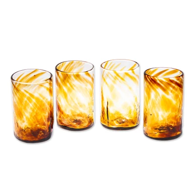 Blown recycled glass tumblers, 'Garden Relaxation in Amber' (set of 4) - 4 Hand Blown Eco-Friendly Recycled Glass Tumblers in Brown