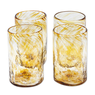 Blown recycled glass tumblers, 'Garden Relaxation in Amber' (set of 4) - 4 Hand Blown Eco-Friendly Recycled Glass Tumblers in Brown