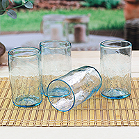 Blown recycled glass tumblers, 'Garden Relaxation in Blue' (set of 4) - 4 Hand Blown Eco-Friendly Recycled Glass Tumblers in Blue