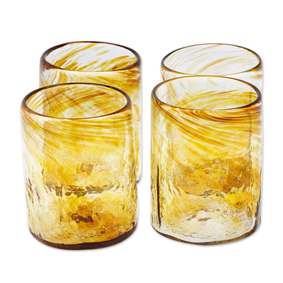 Blown recycled glass juice glasses, 'Garden Relaxation in Amber' (set of 4) - 4 Hand Blown Eco-Friendly Amber Recycled Glass Juice Glasses