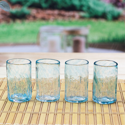 Blown recycled glass tequila glasses, 'Blue Mezcaleros' (set of 4) - 4 Hand Blown Blue Recycled Glass Tequila Glasses from Mexico