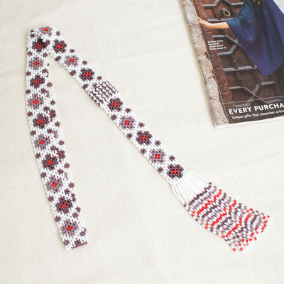 Beaded long Y necklace, 'Sublime Flowers' - Handmade Floral-Themed Long Y Beaded Huichol Necklace