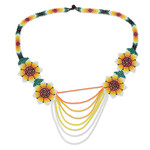 Beaded waterfall necklace, 'Eye-Catching Flowers' - Floral-Themed Waterfall Beaded Huichol Necklace with Strands