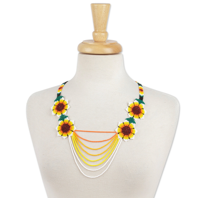 Beaded waterfall necklace, 'Eye-Catching Flowers' - Floral-Themed Waterfall Beaded Huichol Necklace with Strands