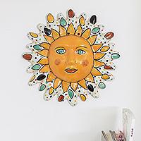 Ceramic wall art, 'colourful Sun' - Ceramic Sun Wall Art Hand-Painted in Talavera Style