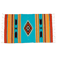 Zapotec wool rug, 'Turquoise Jewel' (2x3) - Striped Caramel and Turquoise Zapotec Wool Rug (2x3)