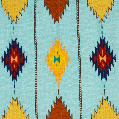 Tapete de lana zapoteca, (2x3) - Alfombra zapoteca de lana tejida a mano color aguamarina y caléndula (2x3)