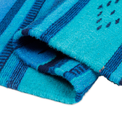 Tapete de lana zapoteca, (2x3) - Alfombra zapoteca de lana a rayas onduladas cerúleo y turquesa (2x3)