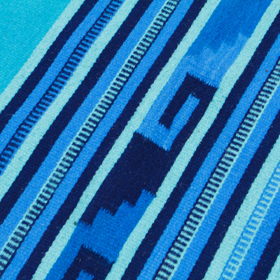 Tapete de lana zapoteca, (2x3) - Alfombra zapoteca hecha a mano de lana cian y turquesa (2x3)