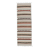 Corredor de lana zapoteca, 'Beige Upland' (2x6) - Corredor de lana zapoteca de rayas onduladas beige y rojo (2x6)