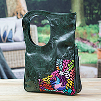 Textile-accented leather handbag, 'Hummingbird Future' - Modern Leather Handbag with Colorful Hummingbird Details