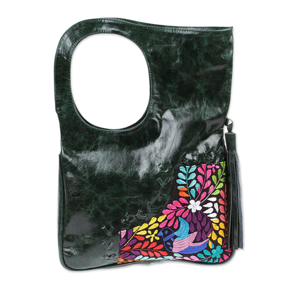 Textile-accented leather handbag, 'Hummingbird Future' - Modern Leather Handbag with Colorful Hummingbird Details