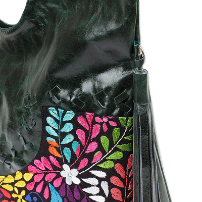 Textile-accented leather handbag, 'Hummingbird Future' - Modern Leather Handbag with Colorful Hummingbird Details