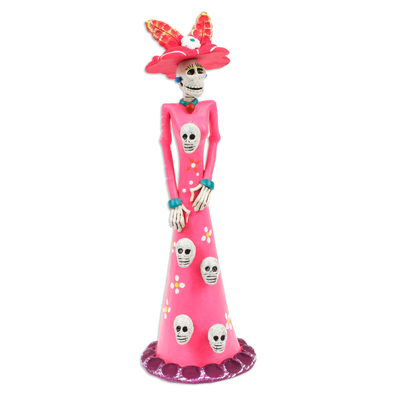 Ceramic sculpture, 'Lady Catrina in Pink' - Hand-Painted Skull Lady Catrina Ceramic Sculpture in Pink