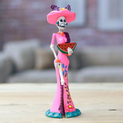 Escultura de cerámica - Escultura de cerámica Summer Lady Catrina pintada a mano en rosa