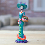 Ceramic sculpture, 'Lady Catrina in Spring' - Painted Spring Lady Catrina Ceramic Sculpture in Teal