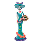 Ceramic sculpture, 'Lady Catrina in Spring' - Painted Spring Lady Catrina Ceramic Sculpture in Teal