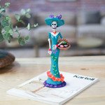 Ceramic sculpture, 'Lady Catrina in Spring' - Painted Spring Lady Catrina Ceramic Sculpture in Teal