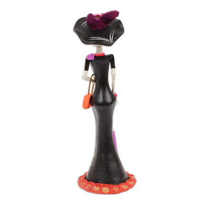 Escultura de cerámica - Escultura de cerámica Lady Catrina floral pintada a mano en negro