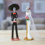 Ceramic sculptures, 'Catrin Romance' (set of 2) - Set of 2 Classic Catrin Bride and Groom Ceramic Sculptures