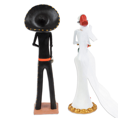 Ceramic sculptures, 'Catrin Romance' (set of 2) - Set of 2 Classic Catrin Bride and Groom Ceramic Sculptures