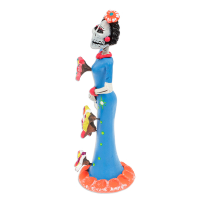 Ceramic sculpture, 'Frida Catrina in Summer' - Painted Butterfly-Themed Frida Catrina Ceramic Sculpture