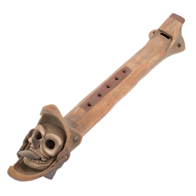Ceramic flute, 'Ancestor's Melodies' - Handcrafted Aztec Warrior-Themed Ceramic Flute from Mexico