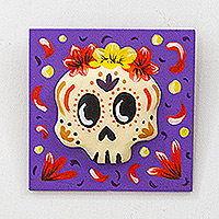 arte de la pared de cerámica - Arte floral de pared de cerámica con iris pintado a mano del Día de los Muertos
