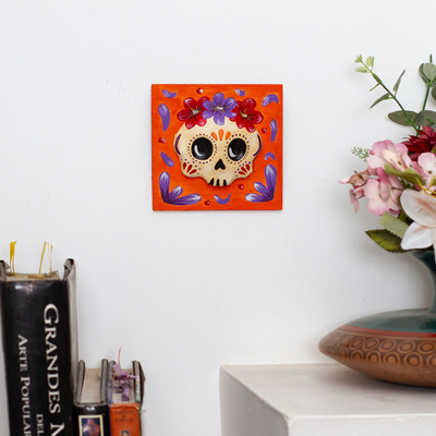 Ceramic wall art, 'Tangerine Skull Spring' - Floral Day of the Dead Painted Tangerine Ceramic Wall Art