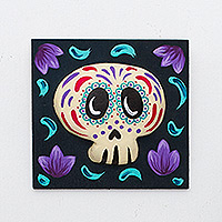 Keramik-Wandkunst, „Balsam Skull Spring“ – Handbemalte Balsam-Keramik-Wandkunst mit Blumenmotiv zum Tag der Toten