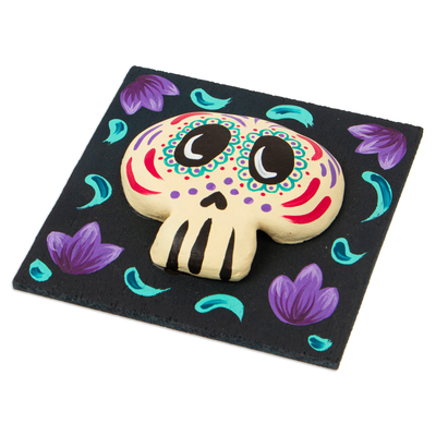 Ceramic wall art, 'Balsam Skull Spring' - Floral Day of the Dead Hand-Painted Balsam Ceramic Wall Art