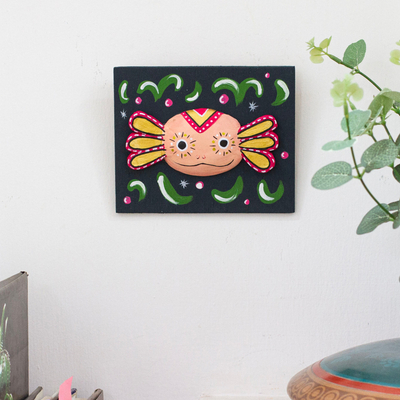 Keramik-Wandkunst - Handbemalte karminrote Keramik-Wandkunst mit Blatt-Axolotl-Motiv