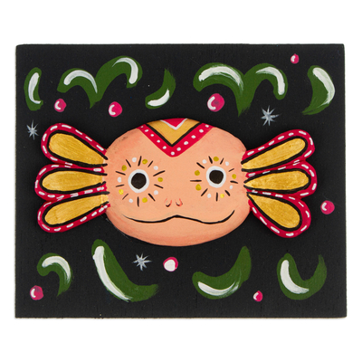 Keramik-Wandkunst - Handbemalte karminrote Keramik-Wandkunst mit Blatt-Axolotl-Motiv
