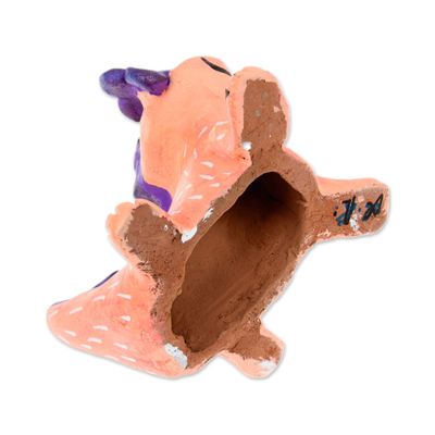 Ceramic figurine, 'Joyous in Amethyst' - Hand-Painted Amethyst and Salmon Ceramic Axolotl Figurine