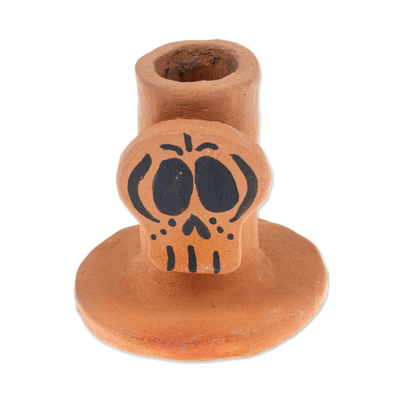 Ceramic candleholder, 'Bony Illumination' - Skull-Themed Hand-Painted Ceramic Candleholder from Mexico