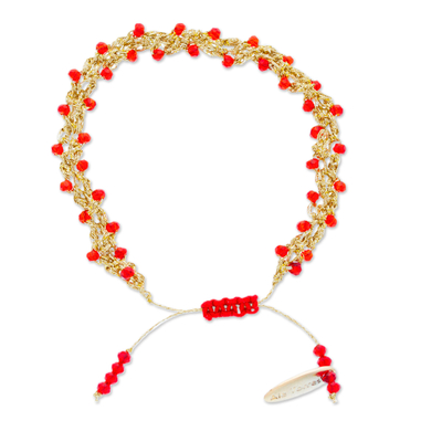 Crystal beaded bracelet, 'Passionate Golden' - Adjustable Golden-Toned Red Crystal Beaded Bracelet